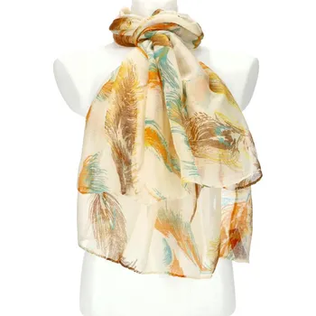 Šála Dámský letní barevný šátek v motivu pírek 188x71 cm latté