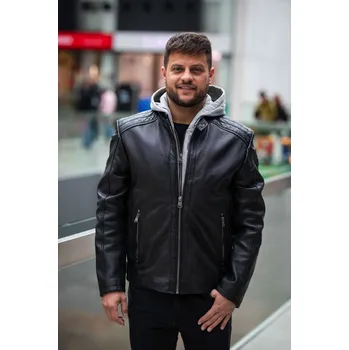 Pánská casual bunda Pánská černá kožená bunda s kapucí DMLian DB Velikost 60