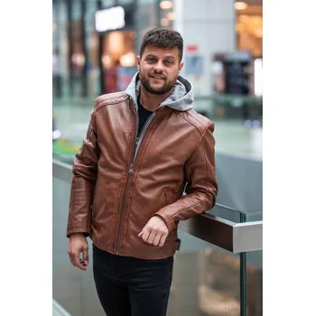 Pánská casual bunda Pánská hnědá kožená bunda s kapucí DMLian DB Velikost 52