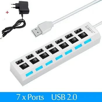 USB hub Vysokorychlostní USB hub s LED přepínačem - 7 Port se zástrčkou EU