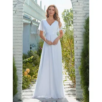 Dámské šaty Dlouhé svatební šaty s obálkovým výstřihem - S Barva: Bílá, Velikost: S