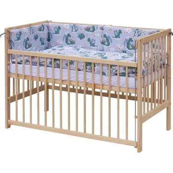 Dětská postýlka Dětská postýlka se stahovacím bokem borovice přírodní s výbavou - DINO s tyrkysovou - Scarlett