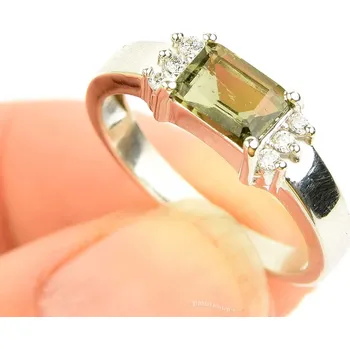 Prsten Vltavín + zirkony prsten obdélník 6 x 4mm Ag 925/1000 + Rh standard brus
