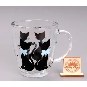 Skleněný hrnek - kočky modrá mašle
