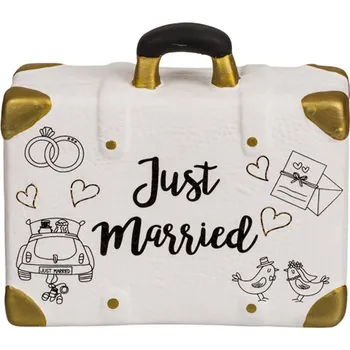 Pokladnička Svatební pokladnička ve tvaru cestovního kufru Just Married 15 x 13 cm bílá/zlatá