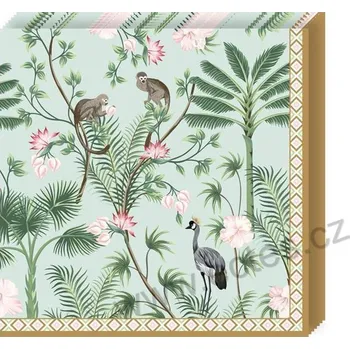 Papírový ubrousek Easy Life WILD TROPICAL zelené papírové dezertní ubrousky s palmami, opičkami a pštrosem 20 ks