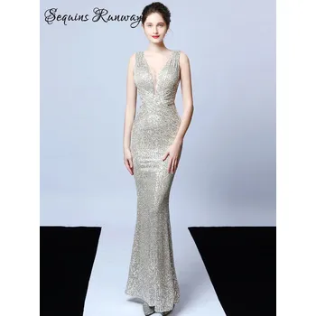 Dámské šaty Dlouhé šaty na ples Sequins SQ843 Barva: Stříbrná, Velikost: XL