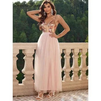 Dámské šaty Maxi večerní šaty Sequins SQ757 Barva: Růžovo-Zlatá, Velikost: XS