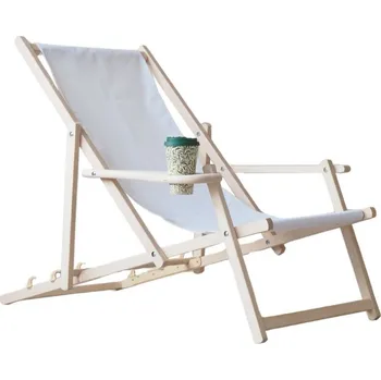 Zahradní lehátko Dřevěné zahradní lehátko s držákem na nápoje - bílé