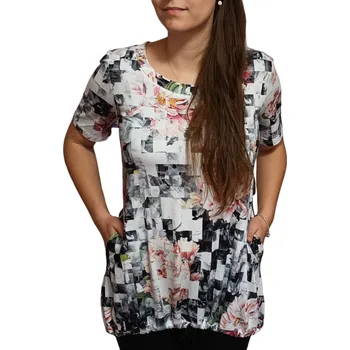 Dámská tunika Tunika Elain bílá s růžovými květy a kapsami Velikosti Elain: XXL