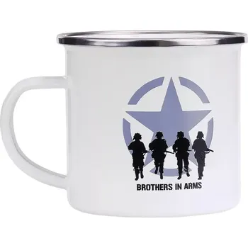 Hrnek smalt BROTHERS IN ARMS bílý (Smaltovaný plechový hrnek s motivem, průměr cca 8 cm., obsah cca 300 ml.)