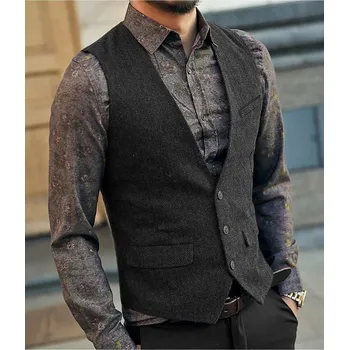 Pánská tweed vesta k obleku elegantní Barva: Černá, Velikost: M