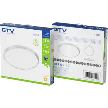 ATOL LED stropní svítidlo, Ø400mm, 3000K, 32W, 2560lm, AC220-240V, 50/60 Hz, PF 0,9, IP54, chrom, 3y