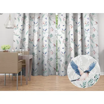 ubrus Bavlněný závěs Sandra SA-471 Vlaštovky s motýlky na světle šedém ornamentu 150x150 cm