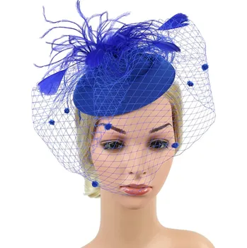 Klobouk B-TOP Dámský fascinátor klobouček s peřím a závojem - modrý