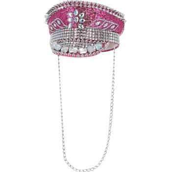 Růžová kapitánská čepice s kamínky a řetízkem