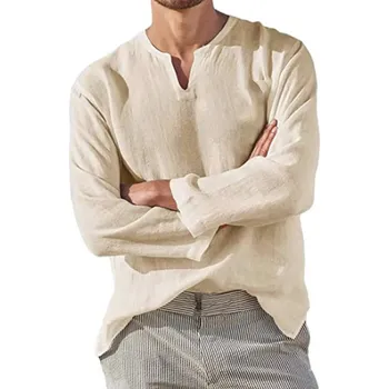 Pánská košile Lněná košile s průstřihem Barva: Khaki, Velikost: 2XL