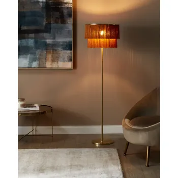 Stojací lampa Stojací lampa Hnědé a zlaté lněná Kovová základna 137 cm Střapce Stínidlo Moderní styl Obývací pokoj Kancelář Ložnice Beliani