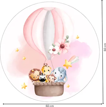 Samolepící dekorace Kruhová samolepka na zeď "Horkovzdušný balón se zvířátky" 60cm