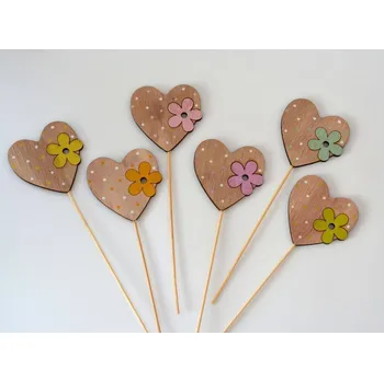 Zápich dřevěné dekorace - SRDCE S KVĚTINOU ORANŽOVÉ