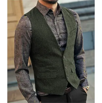 Pánský oblek Pánská tweed vesta k obleku elegantní Barva: Tmavě Zelená, Velikost: L