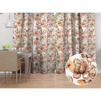 ubrus Bavlněný závěs Sandra SA-458 Hnědé květy magnolie s motýlky na bílém 150x180 cm