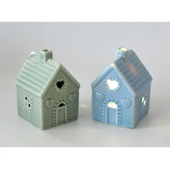 Vánoční dekorace Canea Polsko Svítící keramický domeček MODRÝ 5,4 x 5,4 x 7,8 cm