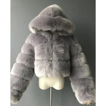 Dámský kožich Krátký kožich chlupatý s kapucí a dlouhým rukávem Barva: Šedá, Velikost: 4XL