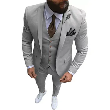 Pánský oblek Svatební pánský oblek 3v1 Tuxedo sako, vesta a kalhoty Barva: Stříbrná, Velikost: L