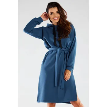 Dámské šaty Oversize šaty s dlouhým rukávem a kapucí M269 Barva: Modrá, Velikost: S/M