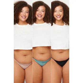 Kalhotky Trendyol Curve 3-balení černé-minkové-olejové plus velikosti tanga kalhotky Trendyol černá | šedá | tyrkysová 1987089