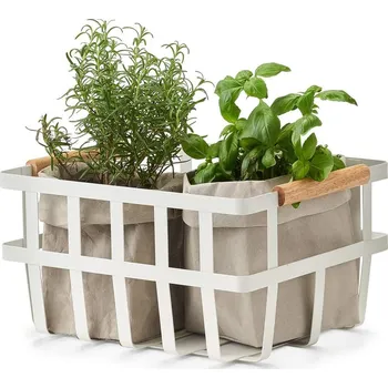 Úložný box Zeller Present Kovový koš, s dřevěnými madly, bílý, zesílený plochý drát CORBEL, 25x32x17