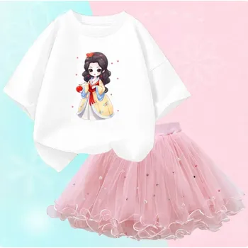 Dívčí letní set - nařasená TUTU sukně + bavlněné tričko s motivem Princezny Varianta: set 15 (bílé tričko+růžová sukně), Velikost: 10 let/140