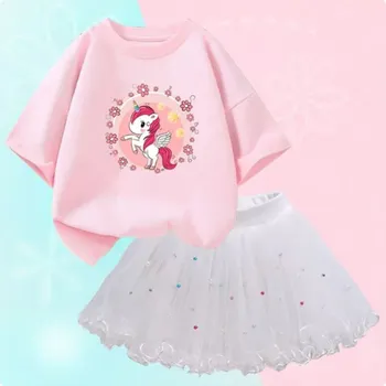 Unicorn (Jednorožci) Dívčí letní set - nařasená TUTU sukně + bavlněné tričko s motivem Jednorožce s květinami Varianta: set 16 (růžové tričko+bílá sukně), Velikost: 12 let/150