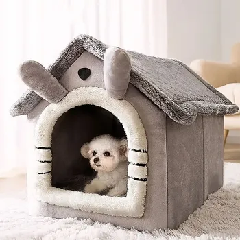 Pelíšek pro psa Plyšový domeček pro mazlíčky s ušima 44 x 36 x 39 cm šedý