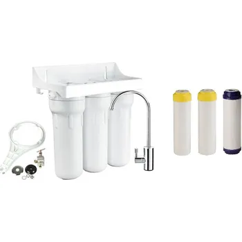 Ochranný vodní filtr Trojitá filtrace 10" na zvýšení vápníku, hořčíku, pH + 2x aktivní uhlí Sada na připojení pod kuchyňskou linku: Bez sady