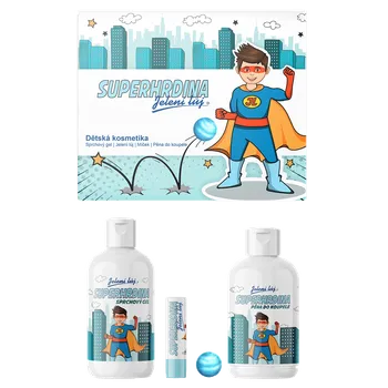 Sprchový gel Dárková sada | Superhrdina - Dětská kosmetika s vůní a příchutí Bubble Gum - Sprchový gel | Jelení lůj | Pěna do koupele + dárek Skákací míček Sprchový gel + Pěna do koupele + Jelení lůj + Skákací míček
