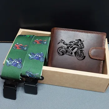 Kšandy Pánský set s hnědou koženou Premium peněženkou a Kšandy s motivy motocyklů - Příroda a dobrodružství v srdci každého motorkáře