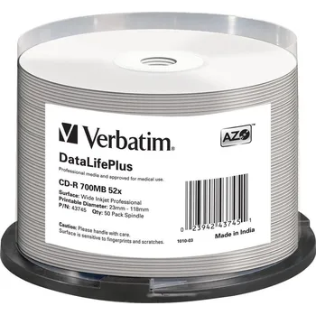 Optické médium VERBATIM CD-R(50-Pack)Spindle/Print/52x/700MB/NoID 43745