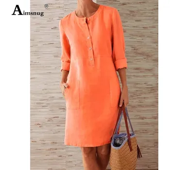 Dámské šaty Aimsnug Lněné letní šaty s knoflíky a kapsami Oranžová S
