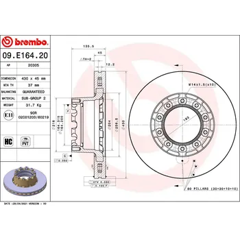 Brzdový kotouč Brzdový kotouč, , BREMBO, 09.E164.20