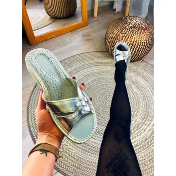 Dámské pantofle Dámské kožené papuče stříbrné proplétané, VELIKOST 36