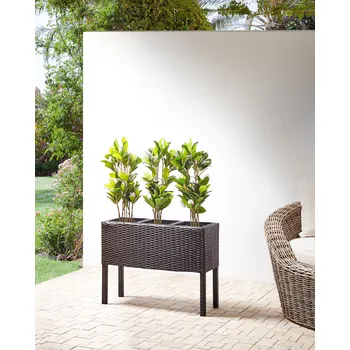 Truhlík Vyvýšený květináč truhlík Hnědá ratanová kulatá vnitřní venkovní zahradní záhon z umělého ratanu se 3 vložkami Beliani