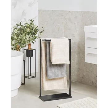 Držák na ručník Stojan na ručníky černý kovový lesklý stojan na ručníky se 3 držáky moderní koupelnové doplňky Beliani