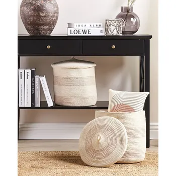 Úložný box Sada 2 úložných košů Světle béžové a růžové bavlněné pruhované s víkem Koše na prádlo Boho doplňky Beliani