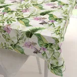 Sametový obdélníkový ubrus Tamara TMR-035 Fialové zvonky s listy na bílém 100x160 cm