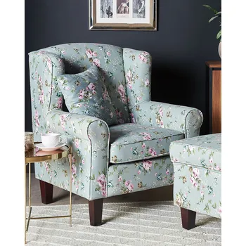 Křeslo Křeslo s podnožkou, zelené květinový vzor, ​​ušák, dřevěné nohy Beliani