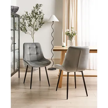 Jídelní židle Sada 2 jídelních židlí Šedý samet Černé železné nohy Moderní čalouněné židle Beliani