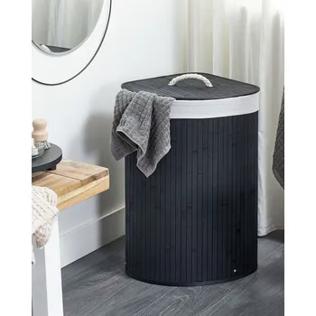 Úložný koš černý bambusové dřevo s víkem koš na prádlo boho design doplňky do domácnosti Beliani