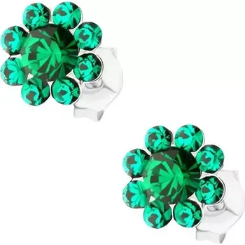 Náušnice Stříbrné náušnice 925, tmavě zelený třpytivý kvítek, krystaly Preciosa